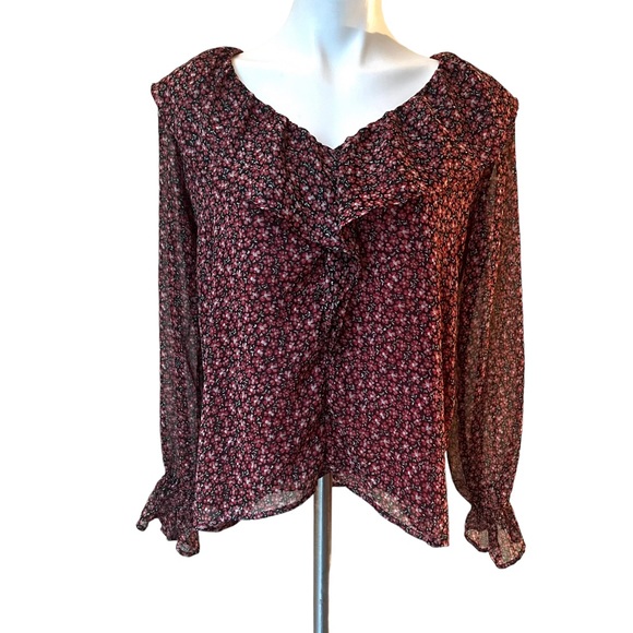 Loft Floral Ruffle Blouse, Dark Permisson, Sz S - Picture 7 of 15